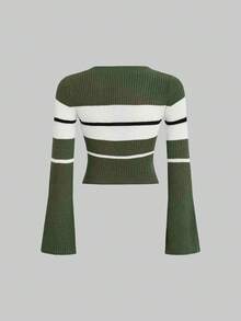 SHEIN Unity 女式条纹圆领长袖短款修身毛衣，秋冬，长袖上衣 - 綠色 - 查看 2