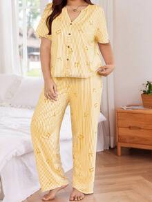 SHEIN Soft & Skin-Friendly Striped Bow Print Pajama Set - Yellow - View 3