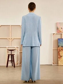 Chiquease 女士春秋波西米亚经典牛仔蓝色西装外套，袖口开衩，搭配阔腿西装裤，蓝色西装套装 - 藍色 - 查看 7