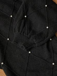 EMERY ROSE Plus Size Black Knitted Diamond Pattern Cardigan Jacket, Long Puff Sleeves, Faux Pearl Decoration, Spring, Autumn, Winter, For Woman - Black - View 6