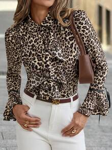 Solivie Women's Elegant Romantic Black & White Polka Dot Ruffle Trim Collar Flare Sleeve Long Sleeve Ruffle Cuff Button Front Blouse,Fall