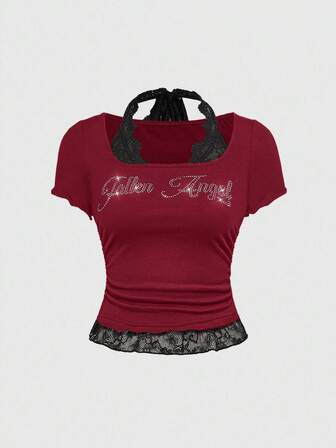 Grunge Punk Punk Graphic Rhinestone & Lace Patchwork Crew Neck Fitted Women T-Shirt