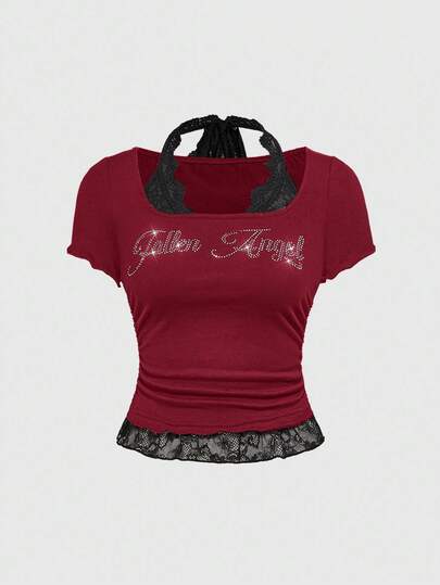 Grunge Punk T-shirt ajusté à col rond pour femmes, patchwork de strass et de dentelle, style punk