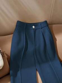 SHEIN PETITE Quần ống đứng thanh lịch màu trắng dành cho nữ, thích hợp khi đi làm - Màu xanh hải quân - Xem 4