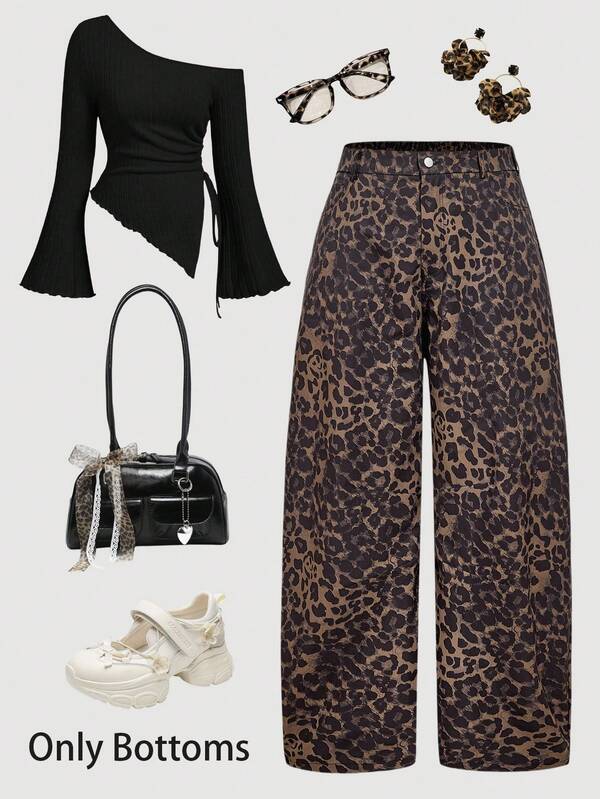 SHEIN MOD Pantalón de harén de talla grande con estampado de leopardo y cintura alta para mujer, en marrón y negro