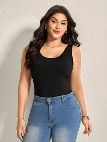 Comfylo Plus Size Women Christmas Fall And Winter Dark Grey Ribbed Fabric U Neck Base Tank Top Fall Women Clothes Fall Clothes Plus Size Fall Outfits For Women  Fall Outfits Women