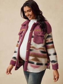 Boho Mama Maternity Drop Shoulder Fleece Front Button Vintage Fashion Versatile Jacket  Women's Winter Jacket  Boho - Pink - View 8
