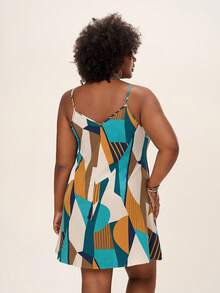 Comfylo Plus Size Colorful Geometric Pattern A-Line Sleeveless Sundress For Summer Business Casual Fall Clothes Plus Size