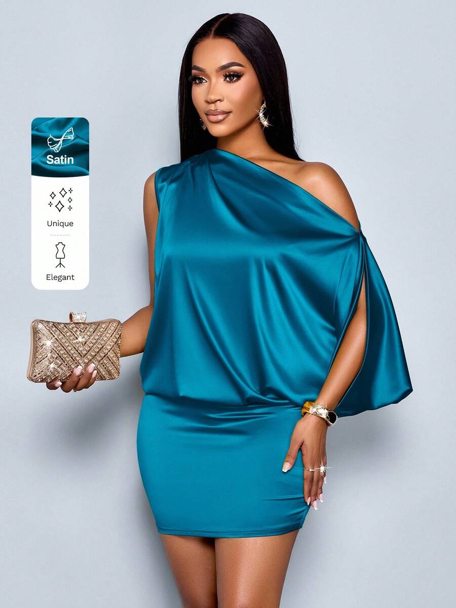 SOLERSUN Women's Elegant Asymmetric Collar Satin Bodycon Mini Dress For Women - Teal Blue - View 1