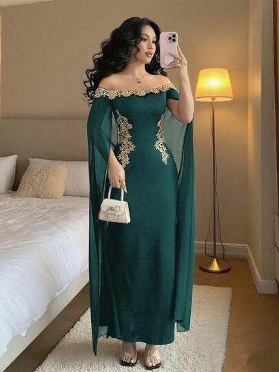 Rafferiza 优雅性感日常百搭金色花朵装饰露肩透视裹腰超长美人鱼连衣裙，黑色，春夏