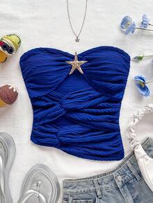 Soleia 女士度假白色针织纹理面料修身露肩上衣，海星镂空不对称下摆，性感修身时尚上衣，适合派对、约会、情人节、狂欢节、复活节、西部、音乐节、海滩、邮轮、春夏季 - 寶藍色 - 查看 4