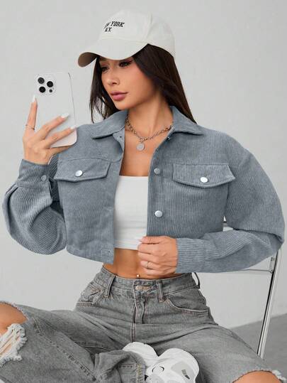 SHEIN PETITE 春季服装 落肩翻领细节短款灯芯绒夹克 秋冬