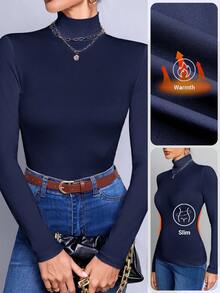 SHEIN Tall Simple Solid Color Slim High Collar White Top Suitable For Autumn And Winter,Fall - Navy Blue - View 3