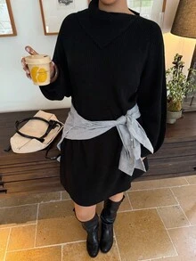 Dripcurv Plus Size Women's Casual Black Knit Dress, Minimalist Daily Wear, Retro Vintage Style, Suitable For Autumn/Winter And New Year - Black - View 5