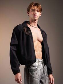 FeverCity 男士时尚休闲蕾丝拼布拉链长袖夹克，垃圾摇滚风，秋季 - 黑色 - 查看 2