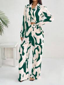 EMERY ROSE Women's French Elegant Casual Commute Back To School Black & White Geometric Floral Print Long Sleeve 2 Pieces Set - Green - View 6