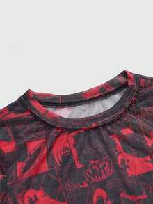 Black Jack X ROMWE Punk Style Mesh Allover Print Fitted Long Sleeve Top - Burgundy - View 3