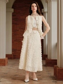 SHEIN Unity Bộ 2 món: Áo khoác cardigan không tay họa tiết hoa jacquard thanh lịch và chân váy - Màu be - Xem 7