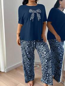 Bare Chapter Leopard Print Bow Decor Round Neck Short Sleeve Pajama Set Bow Pajama Set Animal Print Pajama Set Leopard Pj Set - Navy Blue - View 5