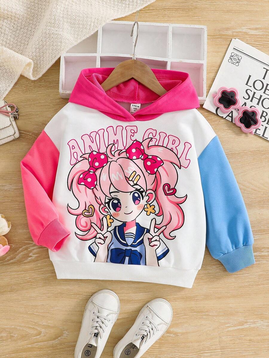 Young Girl Contrast Color Hooded Loose Casual Sweatshirt,In Fall/Winter - Blue - View 1