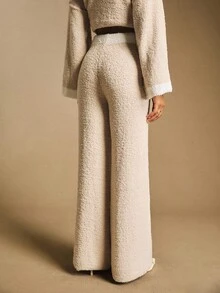 Poéselle Women's Contrast Color Trim Knot Casual Sweater Pants,Beige Autumn Lounge Soft Knit Oversized Neutral Vintage Knitwear,Elegant Cozy Fall Layer - Khaki - View 4