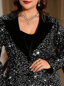 SHEIN Clasi Plus Size Women's Black Sequin Blazer,Elegant Summer Night Out Club Party Sequin Top,Fall Halloween Costumes,Christmas New Year Thanksgiving Dress - Black - View 6