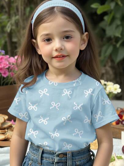 SHEIN Young Girl Casual Minimalist Round Neck Short Sleeve T-Shirt, Suitable For Summer