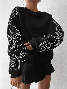 SHEIN Cottnline Women Floral Embroidery Cotton Fleece Raglan Sleeve Sweatshirt - Black - View 3