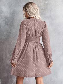 EMERY ROSE Women's Jacquard V-Neck Ruffle Sleeve Waist Pleated Fashion Dress - Pink - View 2