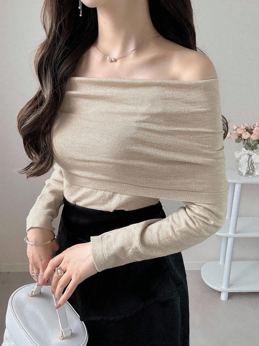 FRIFUL 女式杏色纯色露肩长袖修身套头毛衣，百搭秋季 - 杏色 - 查看 1