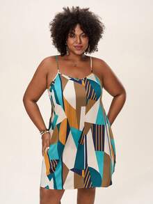 Comfylo Plus Size Colorful Geometric Pattern A-Line Sleeveless Sundress For Summer Business Casual Fall Clothes Plus Size