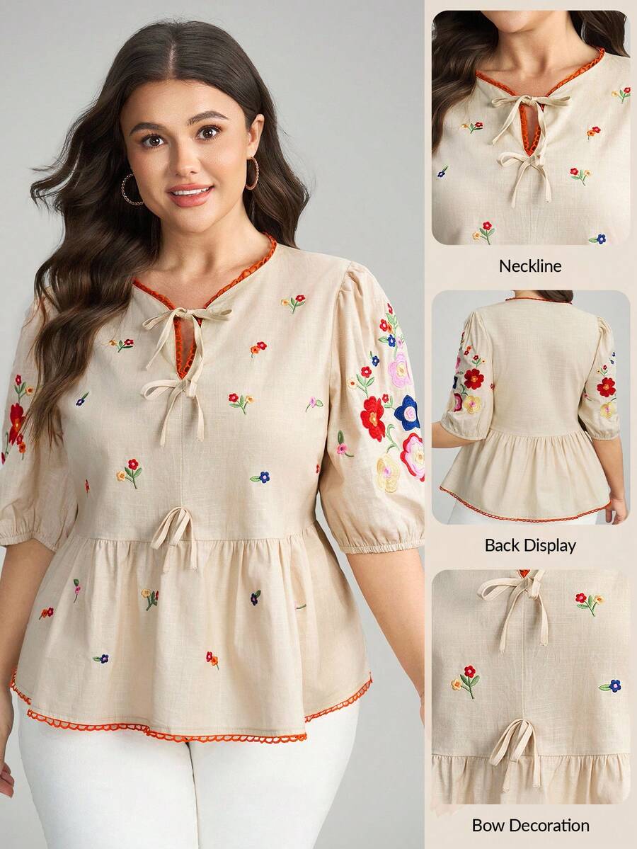 Comfylo 大码女士休闲花卉刺绣衬衫，适合度假外出穿着，秋季女装 - 黃色 - 查看 1