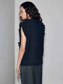 Lumivelle Áo len chui đầu cài nút tua rua phía trước màu trơn dành cho nữ - Xanh đậm - Xem 2