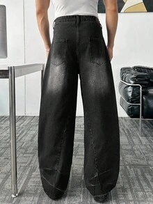 ESTAVOR Quần jean denim ống rộng dáng dài, dáng rộng, có túi thêu hình động vật dành cho nam - Màu xám đen - Xem 3