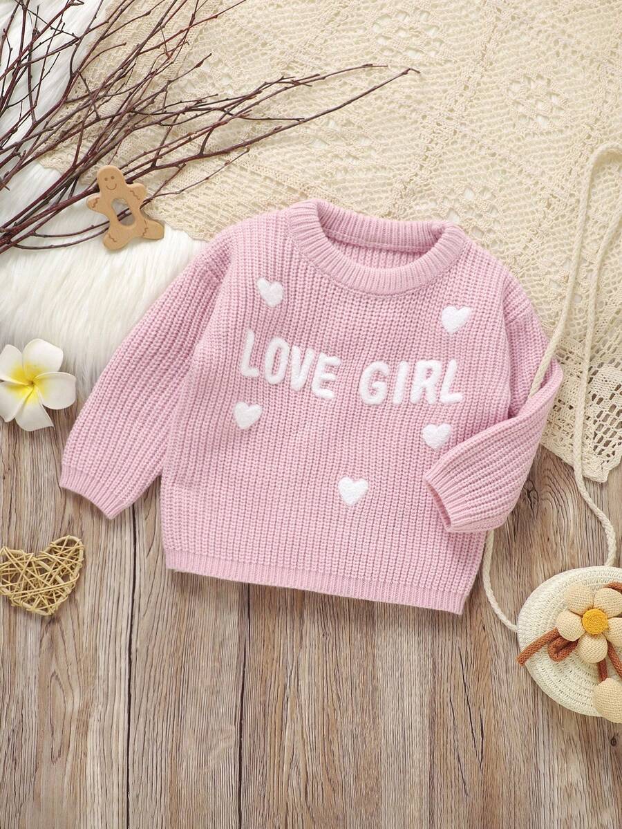 SHEIN 女童甜心字母刺绣圆领长袖毛衣 - 粉色 - 查看 1