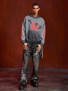 ROMWE MEN A Nightmare on Elm Street X ROMWE Men's Vintage Washed Graphic Print Hoodie, Fall