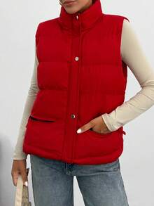 EURMUSE Women High Neck Zip Detailed Vest Winter Coat - Red - View 5