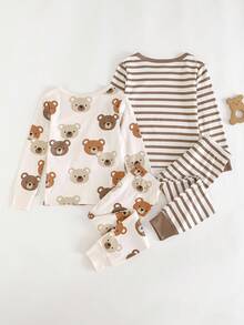 Cozy Pixies 4件套婴儿男女童贴身睡衣套装，卡通熊图案和条纹印花，柔软针织圆领长袖上衣和松紧腰长裤，弹性面料，四季皆宜
