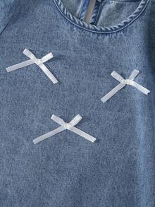 Young Girls' Cute Vintage Medium Wash Blue Denim Dress With White 3D Bow And Pleated Skirt, Comfortable Soft Fabric, Fashionable Daily Wear For Little Girls Fall Winter Girls Denim Dress - Medium Wash - View 7