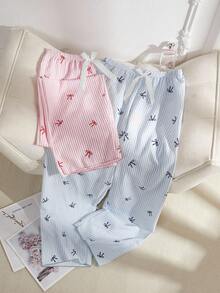 SHEIN Bộ 2 quần sọc hồng xanh họa tiết trái tim và nơ cho nữ, trang phục thu đông - Nhiều màu - Xem 3