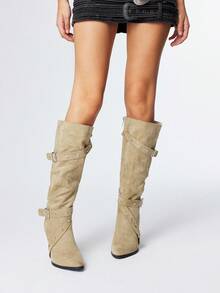 ROMWE Grunge Punk Giày bốt cao đến đùi mũi nhọn gót dày mới 2025 dành cho nữ, giày bốt cưỡi ngựa đa năng chống trượt có dây khóa - Màu Khaki - Xem 2