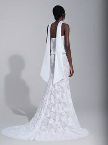 Elitara Elegant Luxurious Off-Shoulder Detachable Sheer Sleeve Satin & Lace Mermaid Maxi Dress With Trailing Train, Suitable For Weddings, Events, Parties, Honeymoon - Beige - View 4