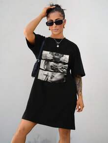 SAYEHFBABY Casual Loose Round Neck Short Sleeve Crop Dress, Suitable For Summer Suitable For Going Out - Black - View 6