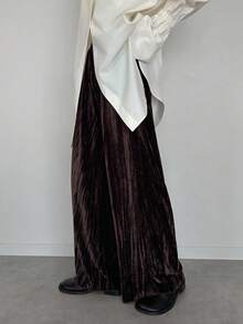 FRIFUL Pantalones rectos casuales sueltos de cintura elástica de terciopelo marrón sólido para mujer, otoño - Marrón - Ver 5