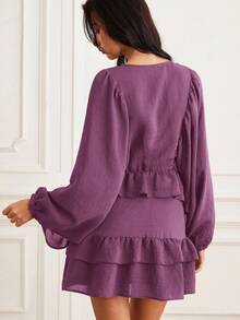 EMERY ROSE Women's Autumn/Winter New Lantern Sleeve Solid Coffee Color Loose Round Neck Versatile Button Layered Ruffle Hem Long Sleeve Flowy Mini Dress - Purple - View 2