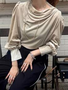 FRIFUL 女式纯色杏色长袖宽松休闲褶皱圆领 T 恤，百搭街头服饰，秋季 - 杏色 - 查看 4