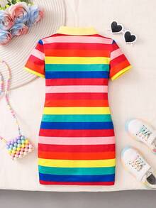 Vestido casual, cómodo y versátil con cuello polo a rayas de arcoíris, para niñas jóvenes, dulce y lindo - Rojo - Ver 2