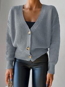 Drop Shoulder Button Front Cardigan - Blue - View 3