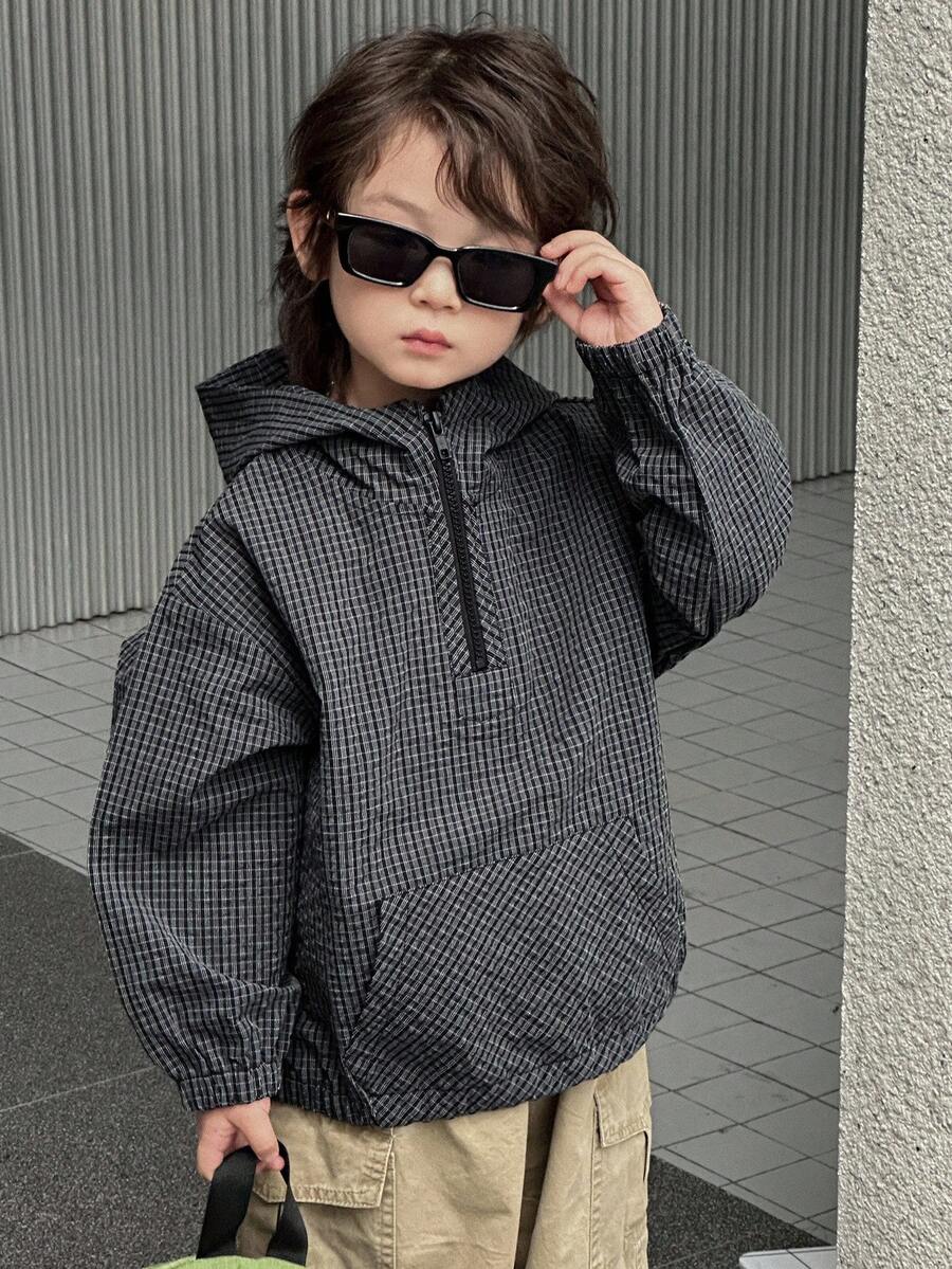 DAZY Young Boy Plaid Zip-Up Hooded Jacket Fall/Winter - Navy Blue - View 1