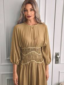 Louniche 女式休闲圆领雪纺长袖腰部设计简约纯色 A 字长裙，春夏 - 卡其色 - 查看 4